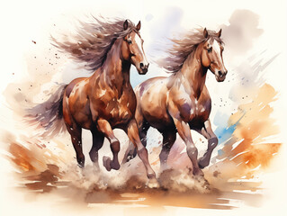 Abstract watercolor painting of a pair of horses. Used for making posters, wallpaper, cards, stickers, brochures.