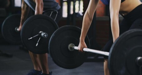 Couple, barbell and fitness in gym for muscle training, health and workout together for bodybuilding. Wellness, strong people and endurance, resilience and challenge with power and weightlifting