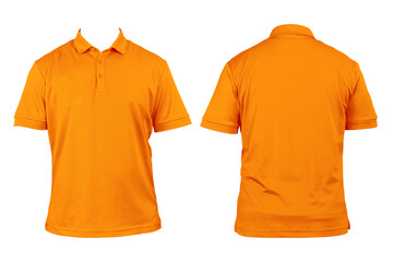 Blank clothing for design. Orange polo shirt, clothing on isolated white background, front and back...