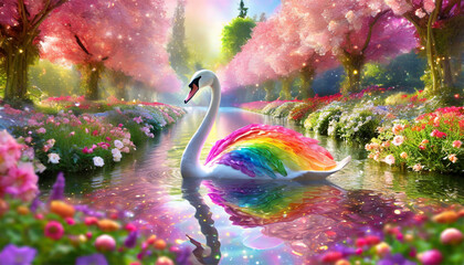 Illustration of cute rainbow swan on the beautiful garden