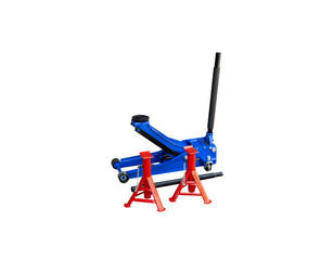 Car hydraulic floor jack and car jack stand isolated , Car tools concept
