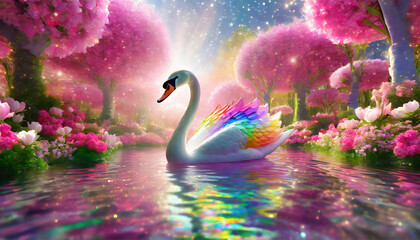 Illustration of cute rainbow swan on the beautiful garden - obrazy, fototapety, plakaty