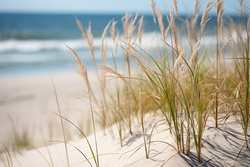 vibrant beauty of dunes adorned with lush green beach grass, embodying stability these plants provide to sandy landscapes and sense of natural balance they represent