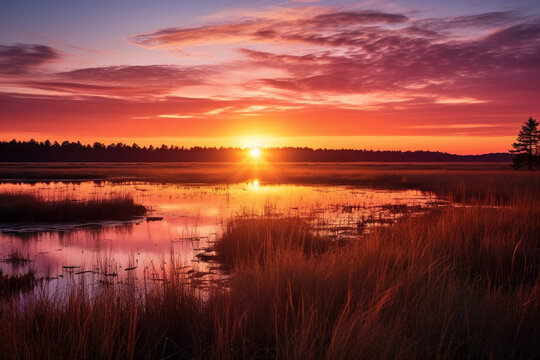 vibrant breathtaking beauty of a marsh at sunrise, with first light breaking over horizon, silhouetted grasses, and promise of a new day in this wetland © Licha