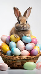 An inquisitive bunny perches in a wicker basket overflowing with pastel Easter eggs, set against a neutral background for a calm setting.