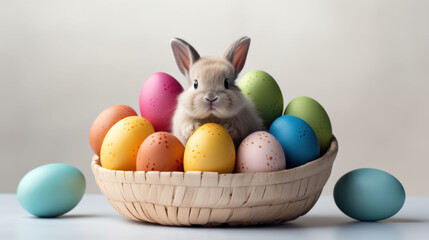 Fototapeta na wymiar A fluffy bunny guards a basket of brightly colored Easter eggs, the simplicity of the background accentuating the festive colors.