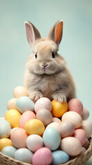 Fototapeta premium Fluffy bunny nestled among pastel-colored Easter eggs, creating a charming and delightful Easter arrangement.