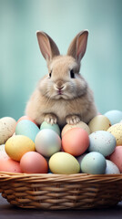 A serene bunny sits within a basket filled with Easter eggs, presenting a tranquil and cozy Easter setting.