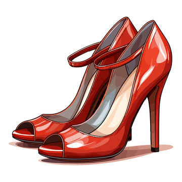 Pair of red high heels in cartoon style on transparent background, Pair of red high heels sticker design.