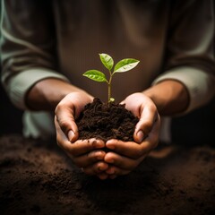 Hand holding small tree for planting. Concept of green world, ecology, earth day, real estate