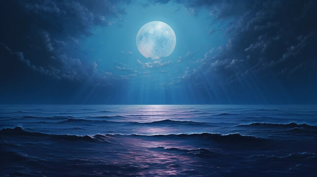 Artwork of a Full Moon Illuminating an Ocean