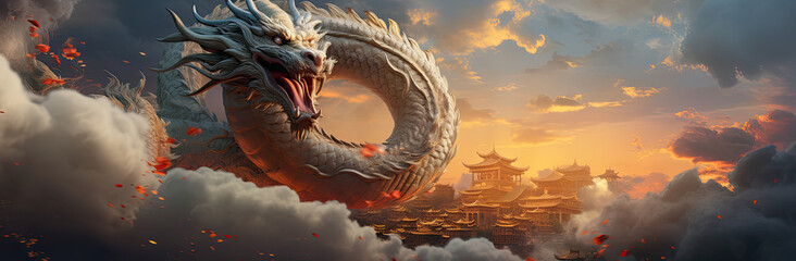 an image of an asian dragon flying in the clouds - obrazy, fototapety, plakaty