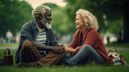 Happy senior couple having fun and resting outdoors. Two elderly people together doing picnic on Valentine day in park. African American man and Caucasian woman, romantic date.  - Powered by Adobe