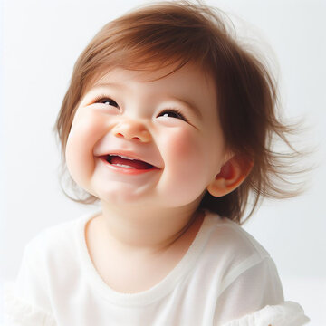 A charming picture of a contented baby turning one, radiating happiness with a sweet smile, against a pure white background.