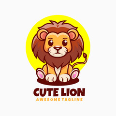 Vector Logo Illustration Cute Lion Mascot Cartoon Style.