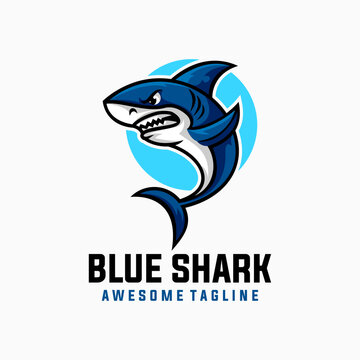 Vector Logo Illustration Blue Shark Simple Mascot Style.