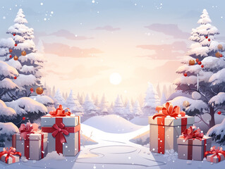 Ilustracja śnieżnego krajobrazu z prezentami i migoczącymi światłami - obrazy, fototapety, plakaty