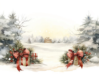 Ilustracja śnieżnego krajobrazu z prezentami i migoczącymi światłami - obrazy, fototapety, plakaty