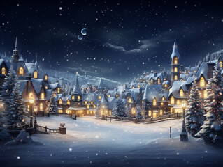 Zimowa krainę czarów z pokrytymi śniegiem domami i migoczącymi światłami.