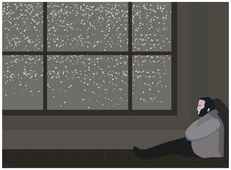 a sad depressed man,  sitting on floor by the window, snow fall, dark  grey gloomy, depression, mental illness concept art