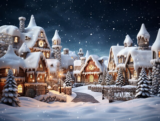 Zimowa krainę czarów z pokrytymi śniegiem domami i migoczącymi światłami. - obrazy, fototapety, plakaty