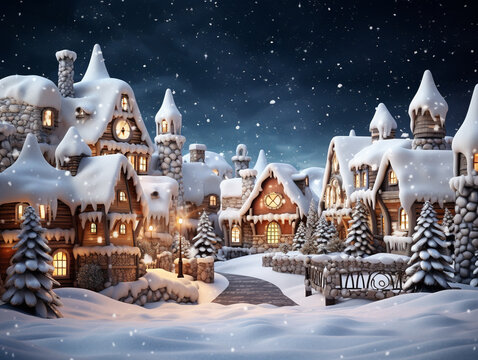 Obraz Zimowa krainę czarów z pokrytymi śniegiem domami i migoczącymi światłami.