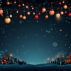 Tło ze śnieżnym zimowym nocnym leśnym krajobrazem i świecącymi się lampkami.