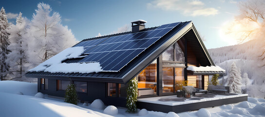 Solar panels on a roof in winter - obrazy, fototapety, plakaty