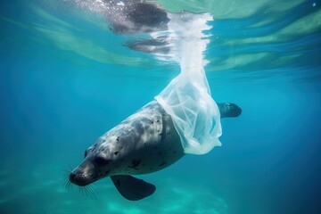 Fototapeta premium A sea lion entangled in a plastic bag, ocean pollution, plastic pollution, underwater photo, seal