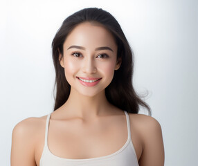 Asian woman in white top camisole poses against clean white wall with her black hairstyle, fresh bare skin, the concept of beauty, skincare, and health wellness. Generative AI.