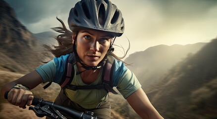 woman mountain bike in mountain road and canyons scenery