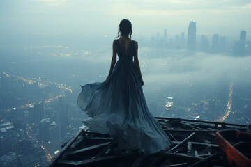 Fantasy, psychology concept. Woman with long dress standing in the edge of the skyscraper roof top and watching to horizon. Nostalgic and melancholic mood. Futuristic polluted city in background