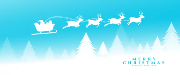 Fotobehang merry christmas festive celebration banner with flying santa sleigh design © starlineart