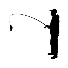 Man fishing silhouette, silhouette fisherman, man catch fish on fishing rod