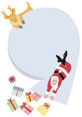 たくさんのプレゼントがこぼれる袋を押さえるサンタクロースとトナカイの縦長なフレーム