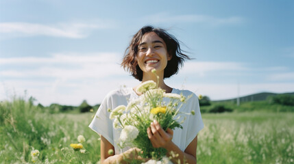 花と花畑と笑顔の女性