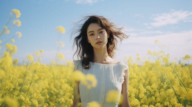 花と花畑と笑顔の女性