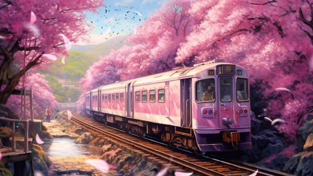 Romantic train crossing the tunnel with cherry blossoms. seamless looping time-lapse virtual video animation background.