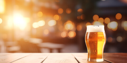 Bokeh Lights in the Bar or Night Club,glass of beer on wooden table.AI Generative 