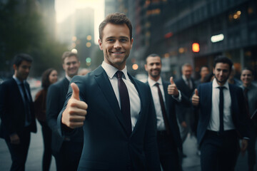 The business team leader raises a thumbs-up, indicating their commitment to excellence in teamwork. Generative AI. - obrazy, fototapety, plakaty