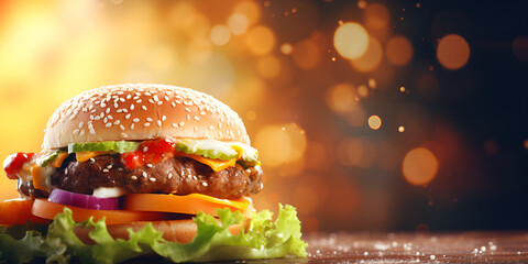 Delicious hamburger on wooden table,Beef burgers on wooden plate, Burger Fast Food Images .AI Generative 