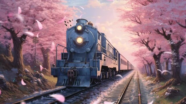 Romantic train crossing the tunnel with cherry blossoms. seamless looping time-lapse virtual video animation background.