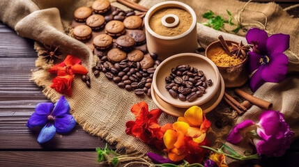 Fototapeta na wymiar Coffee Beans In A Burlap Sack A Colorful Coffee Based Dessert with Edible Flowers Blurry Background