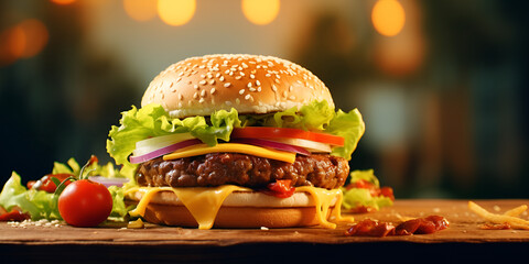 hamburger on bokeh background,Gourmet Delights: Beef Burgers on a Wooden Plate.AI Generative 