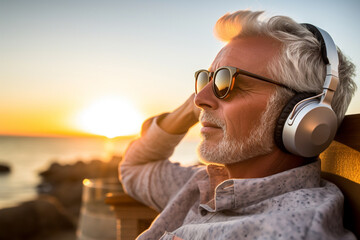 Fototapeta premium Evening glow illuminates a senior man as he prepares to immerse himself in the world of music, putting on his headphones for a session of relaxation and meditation by nature. Generative AI.