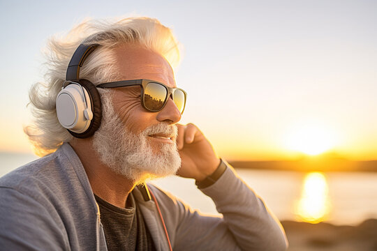Evening glow illuminates a senior man as he prepares to immerse himself in the world of music, putting on his headphones for a session of relaxation and meditation by nature. Generative AI.