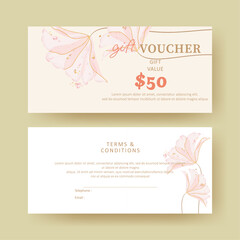 Gift voucher. Coupon template with watercolor pink flower decoration. elegant aesthetic design. good for boutique, jewelry, floral shop, beauty salon, spa, fashion, flyer, banner design. - obrazy, fototapety, plakaty