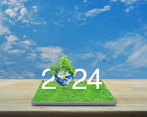 2024 white text with earth and tree on green grass on open book on wooden table over blue sky,...