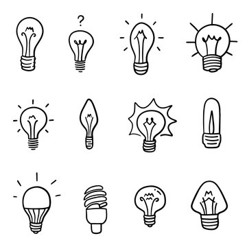 Hand drawn light bulb in abstract doodle line style, in vector illustration