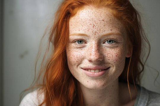 Portrait of a young and beautiful woman with vibrant red hair and natural freckles,The image is bathed in dark red and dusty green tones, creating a unique atmosphere. Generative AI.